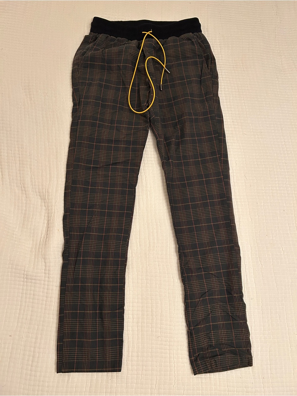 Men's Black Plaid Drawstring Joggers with Yellow Accent Tie